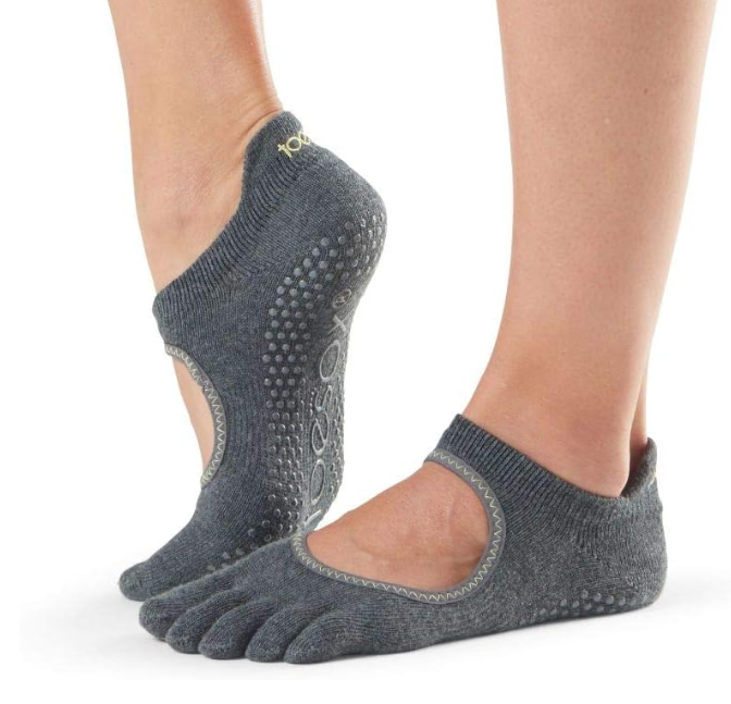 toesox Full Toe Bellarina Grip Socks - Charcoal Grey/Lime