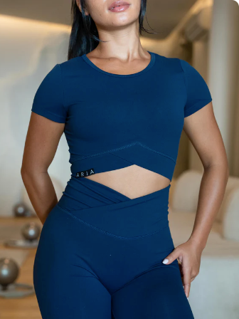 ARIA Allure Short Sleeve Crop Top - Navy